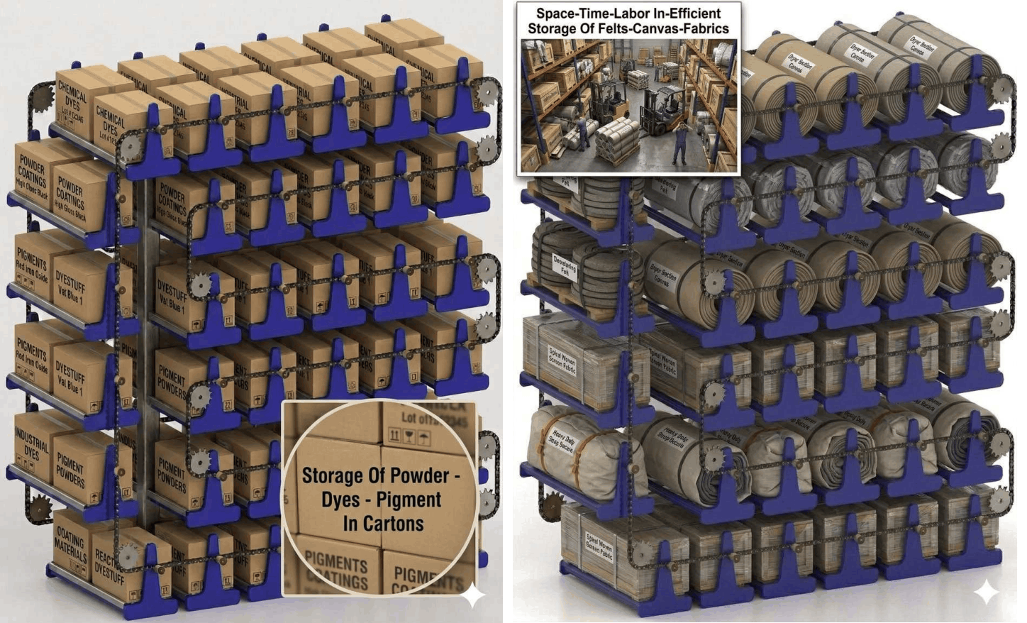 Vertical Carousels For Space-Time-Labor-Damage Efficient Vertical Storage Of  Powder-Dyes-Pigments Felts-Canvas-Fabrics Rolls In Paper Mills